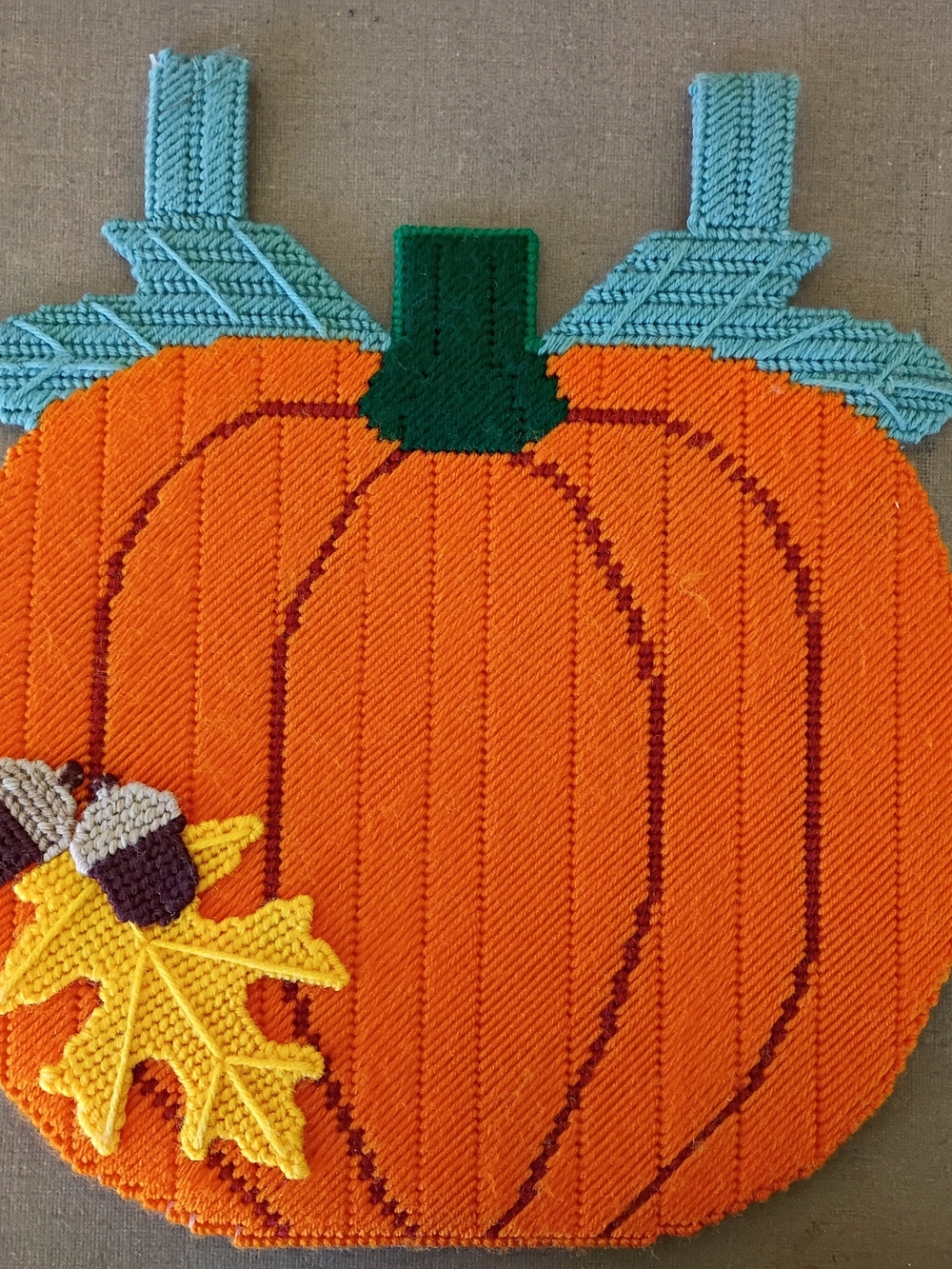 Vtg 14" Pumpkin Fall Needlepoint Completed Plastic Canvas Handmade